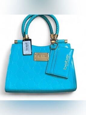 bebe Glossy Turquoise Patent Tote with Gold Hardware